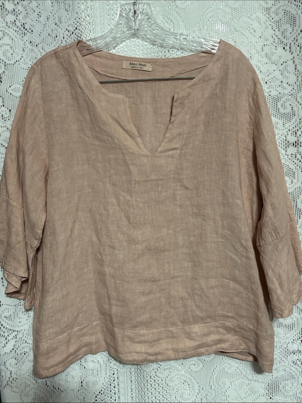Meo Mei Sz XL Relaxed V-Neck Linen Blouse - Dusty Blush